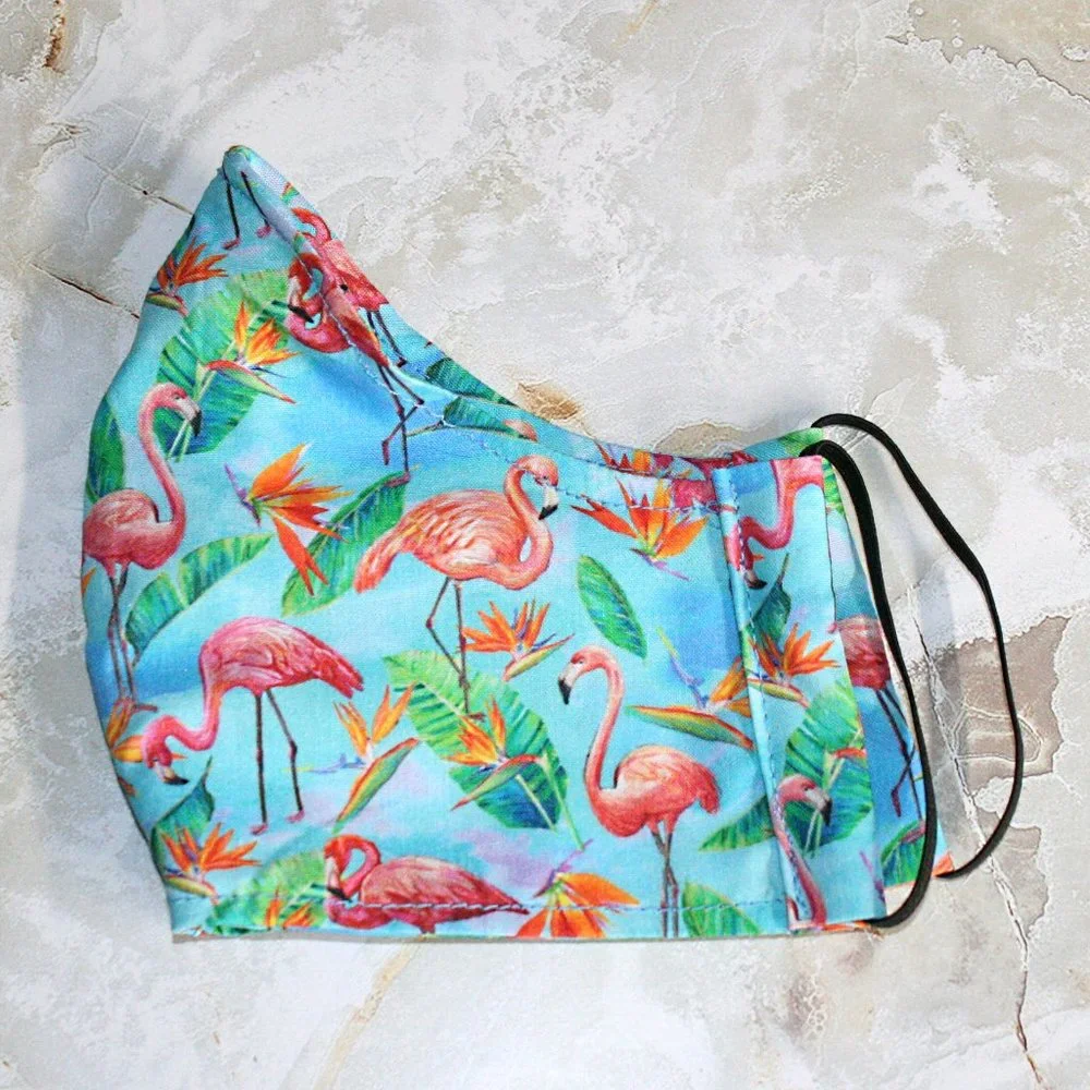 HAND CRAFTED Face Mask Blue Flamingos Adult Cloth Fabric Print - Shield Style